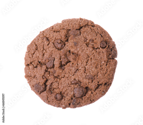 Tasty chip cookie with chocolate crumbs isolated on white