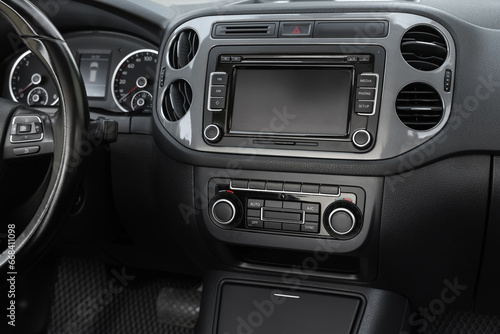 View of dashboard with vehicle audio in car © New Africa