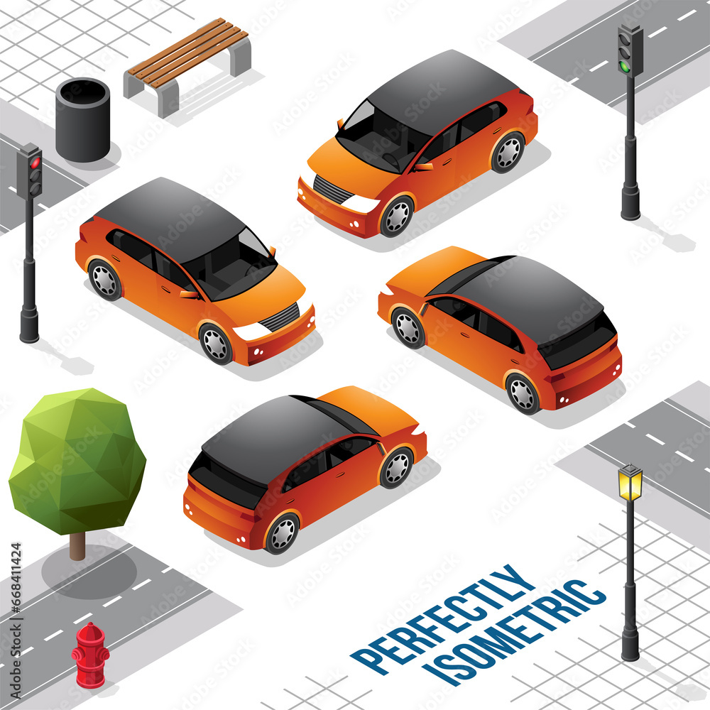 Orange and Black Isometric Hatchback Car from Front Back Right and Left Orange and Black Isometric Hatchback Car from Front Back Right and Left