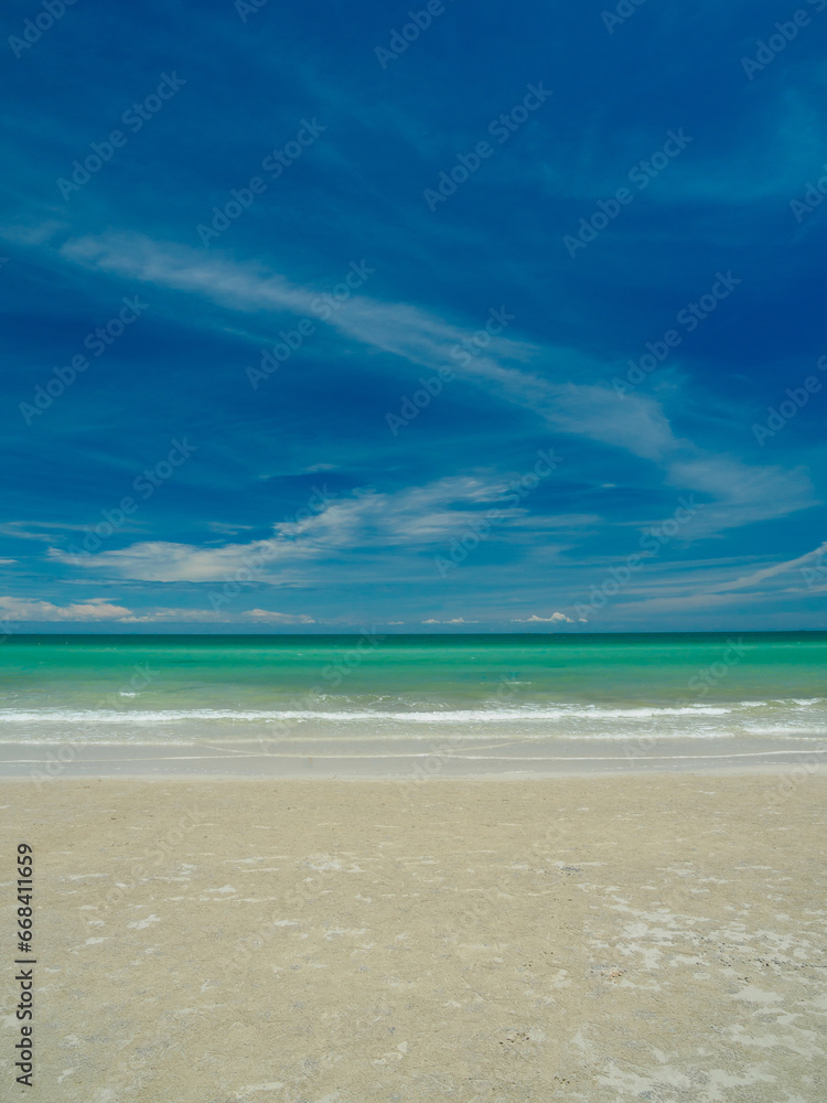 Landscape beautiful summer vertical front view tropical rock sea beach white sand clean and blue sky background calm Nature ocean wave water nobody travel at Sai Kaew Beach thailand Chonburi  day time