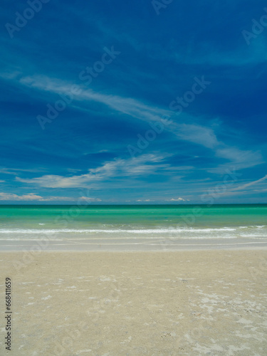 Landscape beautiful summer vertical front view tropical rock sea beach white sand clean and blue sky background calm Nature ocean wave water nobody travel at Sai Kaew Beach thailand Chonburi  day time