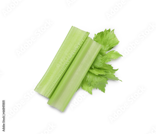 Fresh green cut celery isolated on white, top view