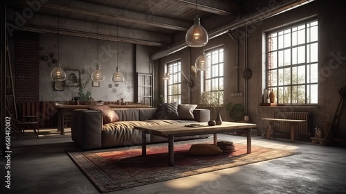 Room in loft style. Living room loft in industrial style, 3d render. Real estate concept.