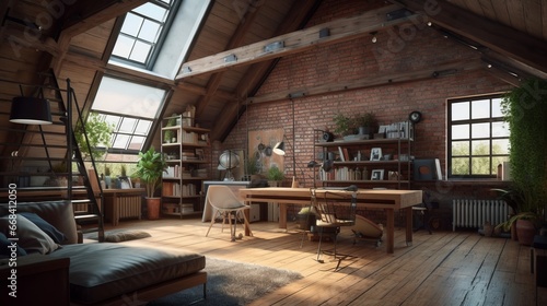 Room in loft style. Living room loft in industrial style  3d render. Real estate concept.