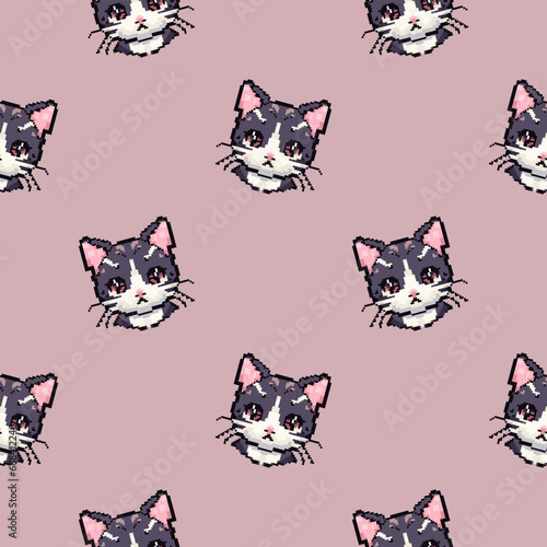 Uroczy kotek w stylu pixel art. Wektorowy powtarzalny wzór.