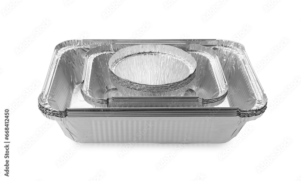 Many different aluminum foil containers isolated on white Many different aluminum foil containers isolated on white