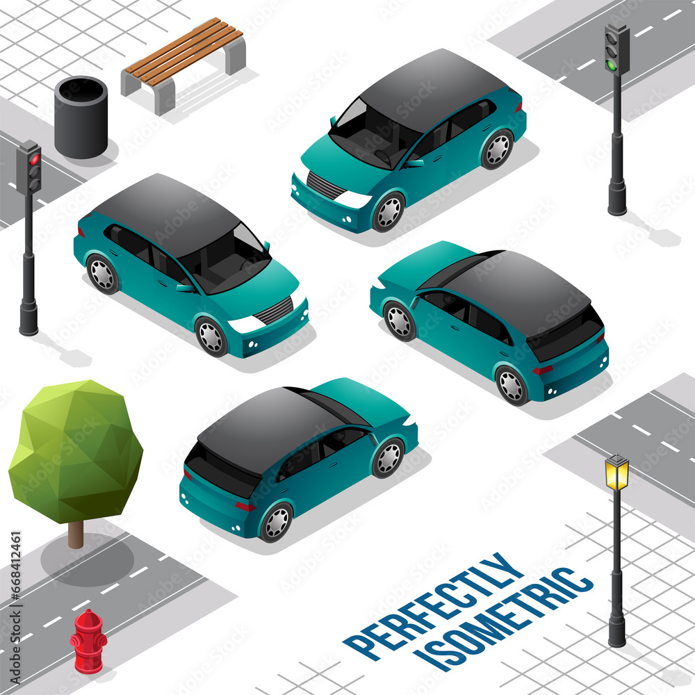 Persian Green and Black Isometric Hatchback Car from Front Back Right and Left Persian Green and Black Isometric Hatchback Car from Front Back Right and Left
