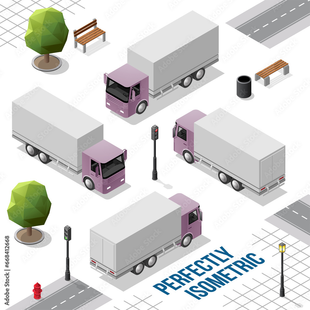 Purple Isometric Big Truck from the Front Back Right and Left Views Purple Isometric Big Truck from the Front Back Right and Left Views