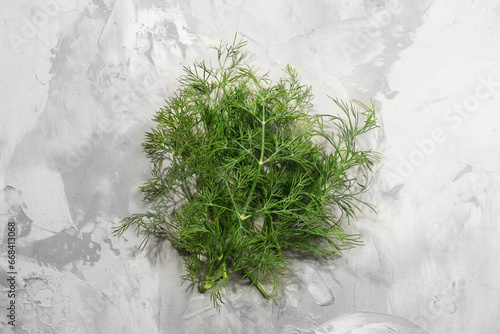 Fresh green dill on light grey table, top view
