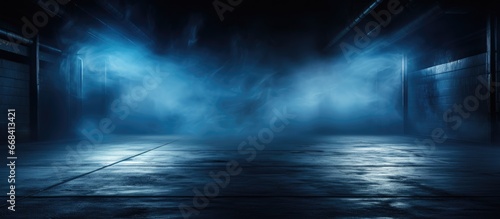 Empty dark street with neon lights on concrete floor and faint smoke for displaying products