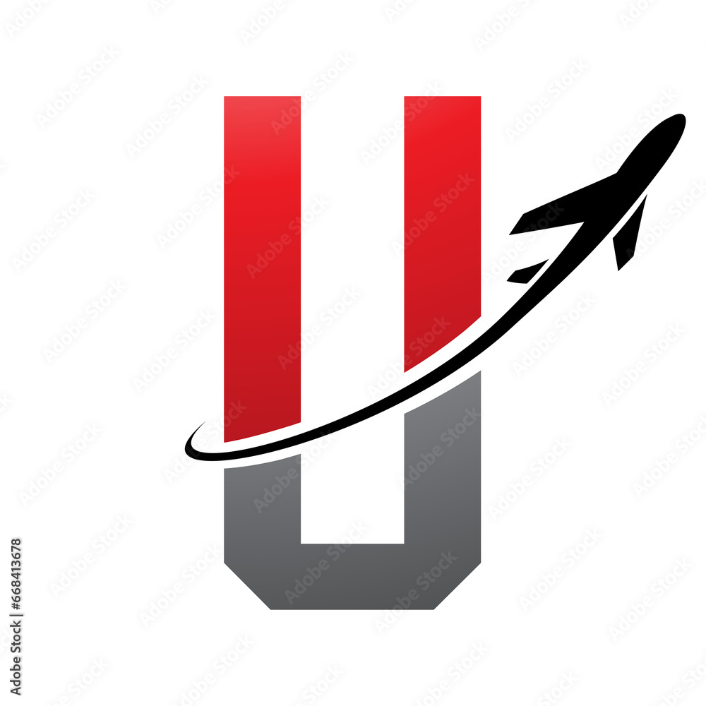 Red and Black Futuristic Letter U Icon with an Airplane Red and Black Futuristic Letter U Icon with an Airplane
