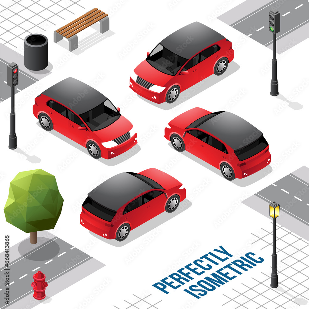 Red and Black Isometric Hatchback Car from Front Back Right and Left