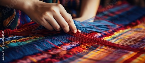 Women create woolen carpets by hand