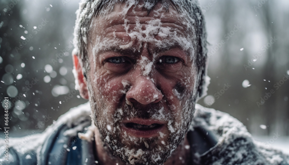 One man smiling, looking at camera, enjoying winter snow generated by AI One man smiling, looking at camera, enjoying winter snow generated by AI