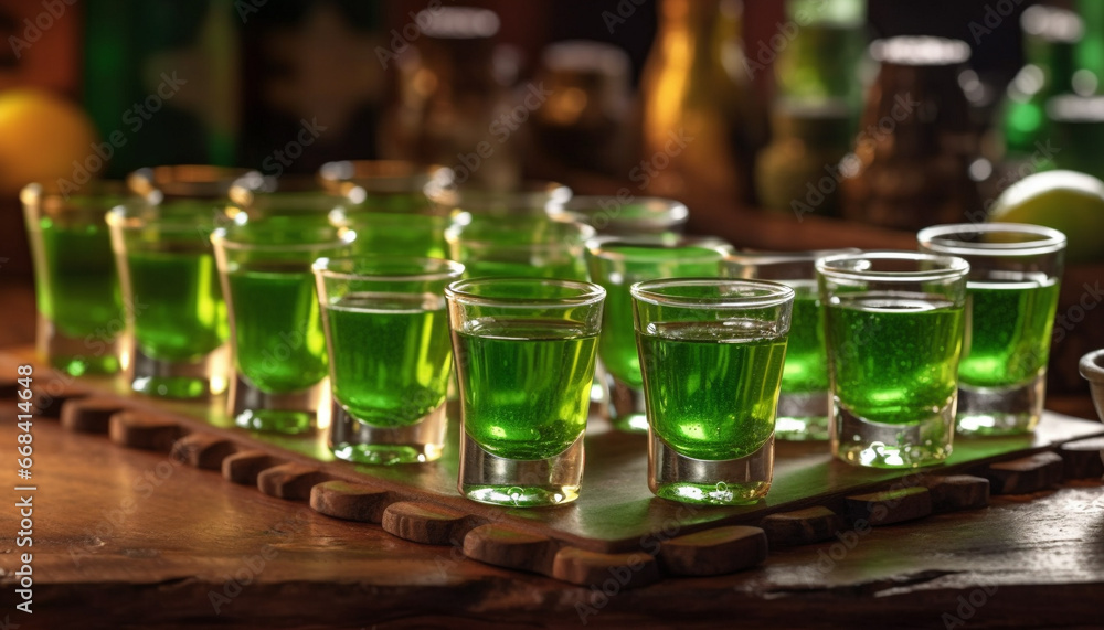 Refreshing green cocktails line the bar counter at a lively party generated by AI