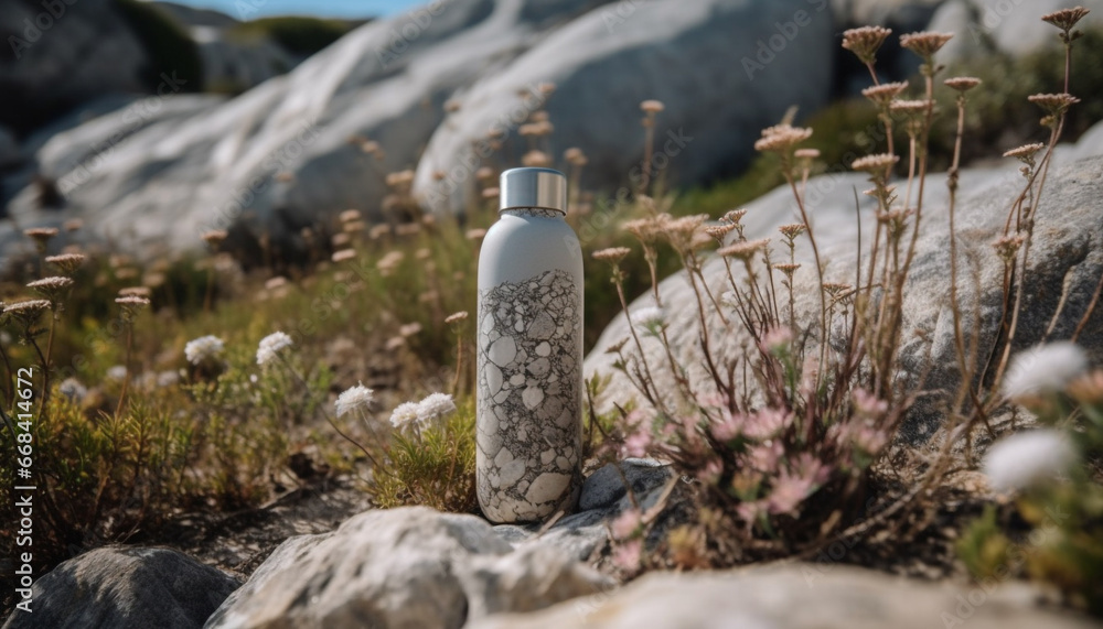 Obraz premium Fresh mountain water in plastic bottle, nature beauty in foreground generated by AI