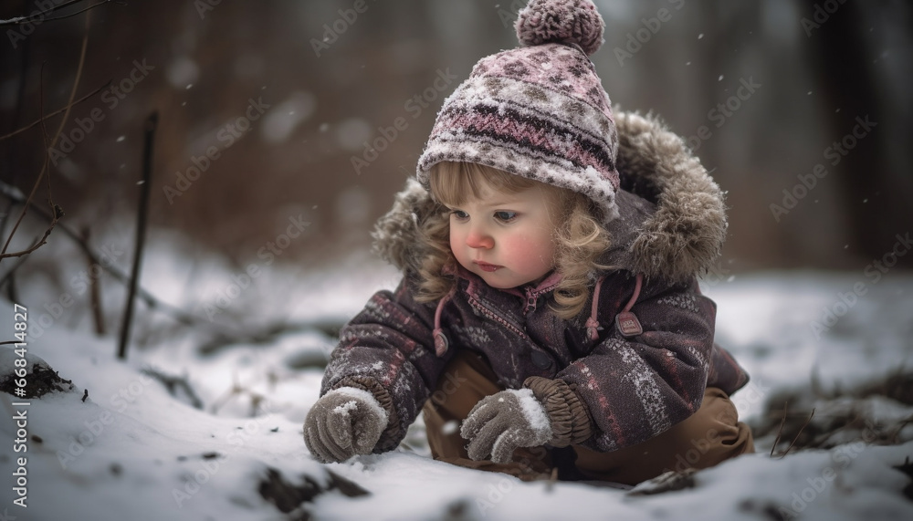 Cute Caucasian child playing outdoors, smiling in winter wonderland generated by AI Cute Caucasian child playing outdoors, smiling in winter wonderland generated by AI