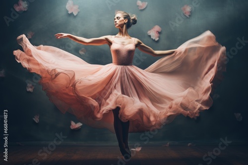 A ballerina in mid-jump, captured in a graceful pose.