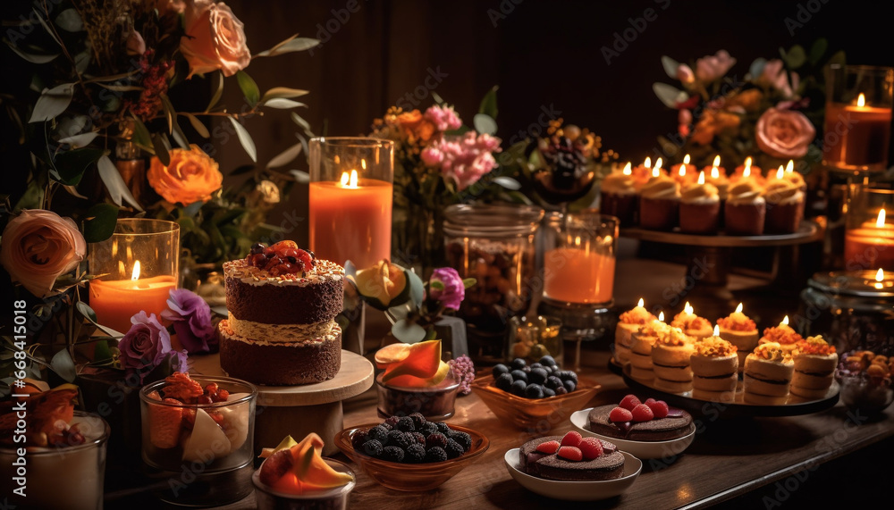 Sweet berry candlelight dessert, indulgence in natural plant decoration generated by AI