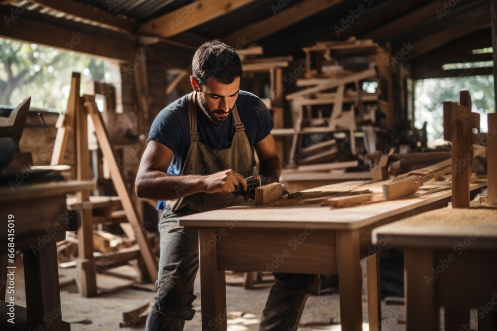 A carpenter meticulously crafting wooden furniture in a workshop.