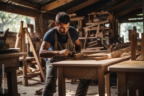 A carpenter meticulously crafting wooden furniture in a workshop.