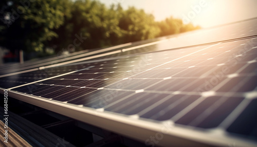 Solar panel generates electricity from sunlight, powering sustainable industry development generated by AI © Stockgiu