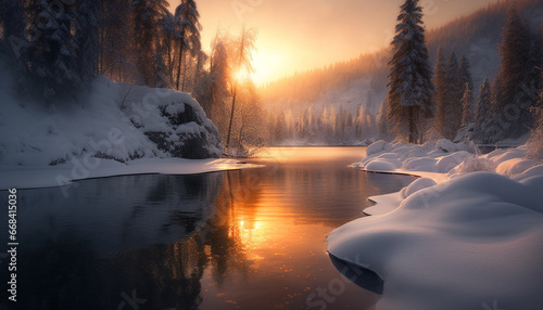 Tranquil winter landscape snow covered forest, frozen pond, and mountain range generated by AI