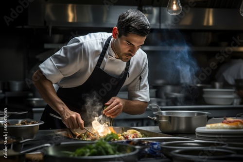 A chef passionately creating a masterpiece dish in a restaurant kitchen.