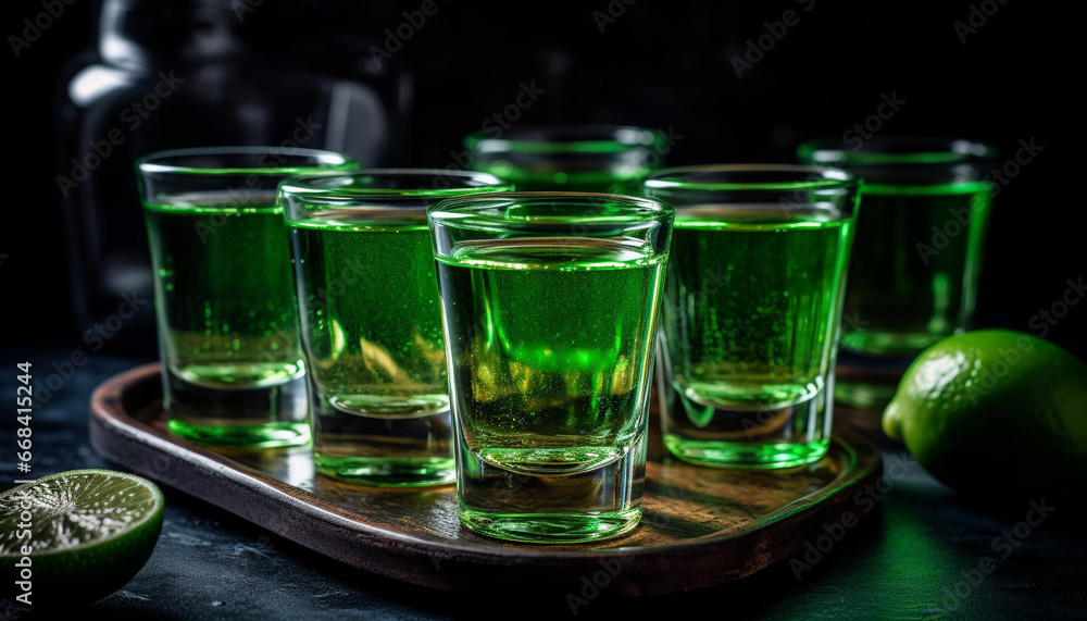 Fresh lime cocktail on wooden table at summer party generated by AI Fresh lime cocktail on wooden table at summer party generated by AI