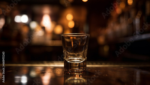 Nightclub bar counter, illuminated glass of whiskey, selective focus generated by AI