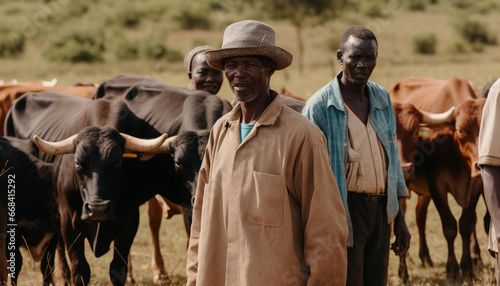 Smiling farm worker standing with herd on rural dairy farm generated by AI © Stockgiu