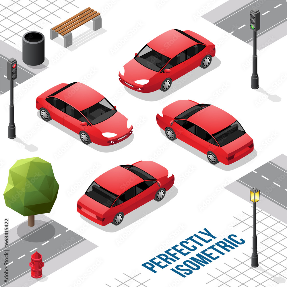 Fototapeta premium Red Isometric Car from Front Back Right and Left