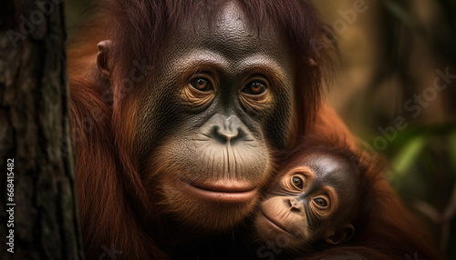 Young primate sitting in tropical rainforest, looking at camera generated by AI