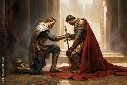 A knight kneeling before a king, receiving an honor.