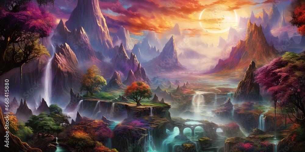 Epic Fantasy Landscape: An awe-inspiring abstract landscape that captures the essence of a fantastical world, with towering peaks, mystical forests, and cascading waterfalls