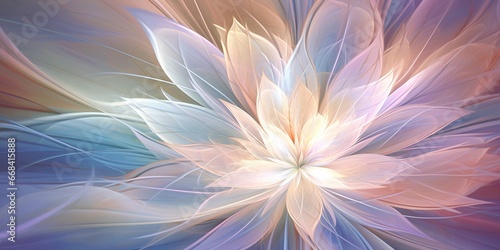 Ethereal Fractal Blossom: An intricate fractal pattern resembling the delicate petals of a blossoming flower, featuring a symphony of pastel and metallic colors, imparting a sense of otherworldly