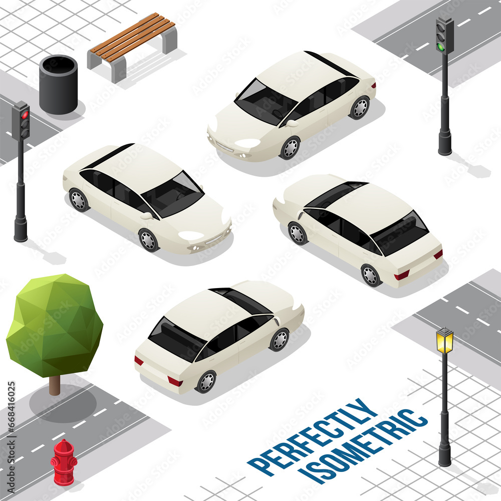 White Isometric Car from Front Back Right and Left White Isometric Car from Front Back Right and Left