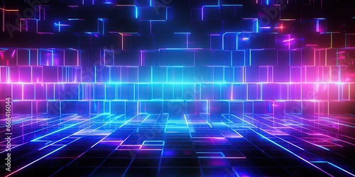 Glowing Techno Grid: An abstract image with a futuristic, neon-lit grid structure, radiating a sense of cutting-edge technology and electrifying energy, with vibrant neon colors and sleek metallics 