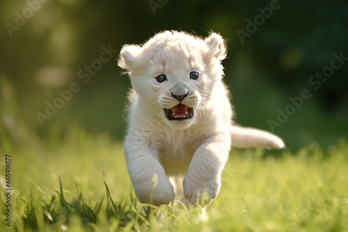 Cute white lion cub. The White breed has a very rare genetic probability. The Creator God embodies the richness and mystery of nature. Natural environment and animal protection concept.