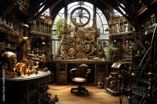 A steampunk-inspired inventor's workshop.