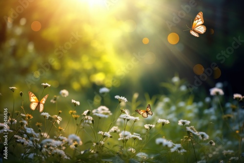 A sunlit meadow filled with wildflowers and fluttering butterflies.