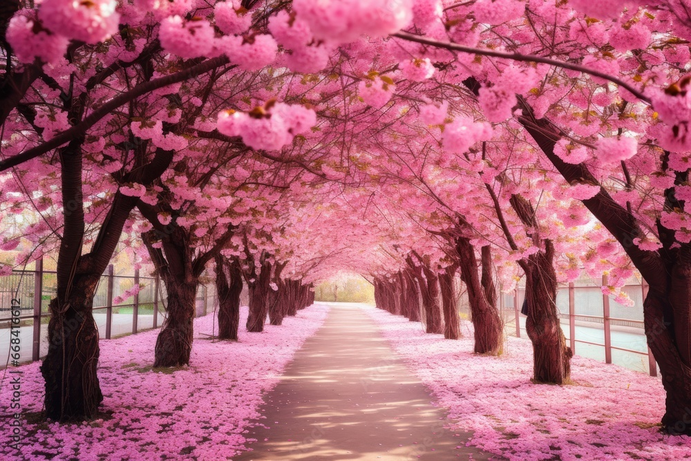 A tunnel of cherry blossoms in full bloom.