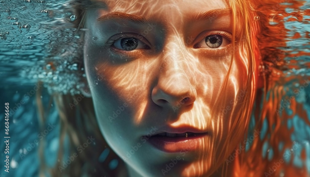 A beautiful young woman underwater, smiling, enjoying the summer generated by AI