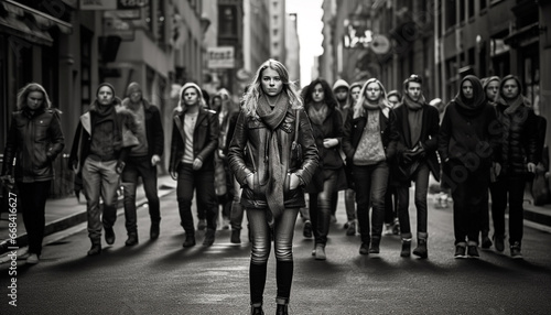 Young adults walking in city, smiling, looking at camera generated by AI