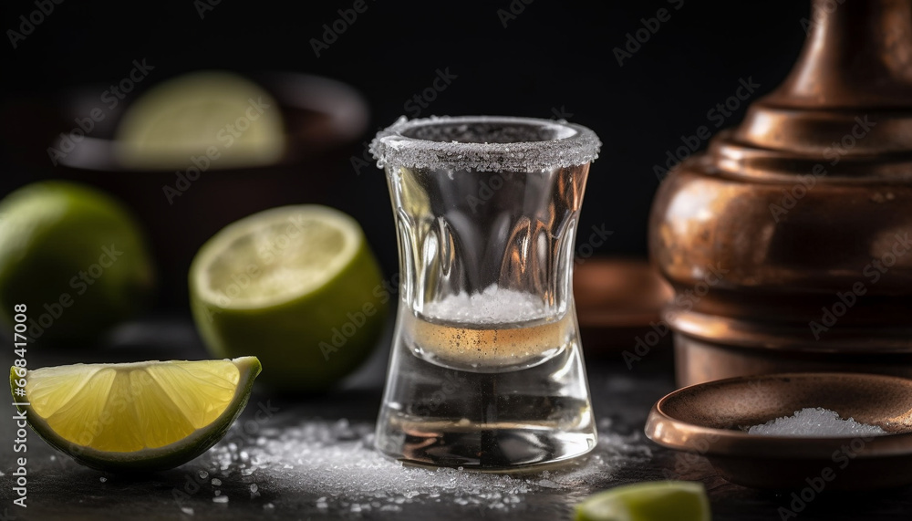 Fresh tequila cocktail with lime slice on rustic wooden table generated by AI Fresh tequila cocktail with lime slice on rustic wooden table generated by AI