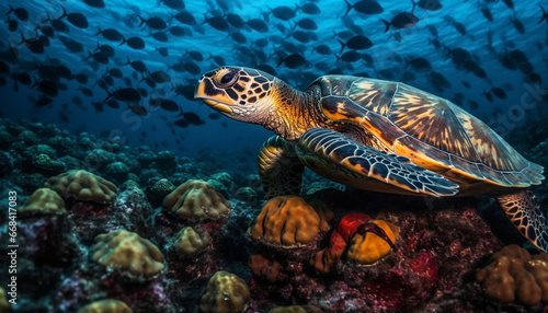 Underwater turtle swimming in blue sea with colorful fish generated by AI