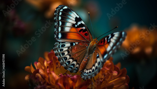 Vibrant butterfly pollinates single flower in tranquil green nature scene generated by AI