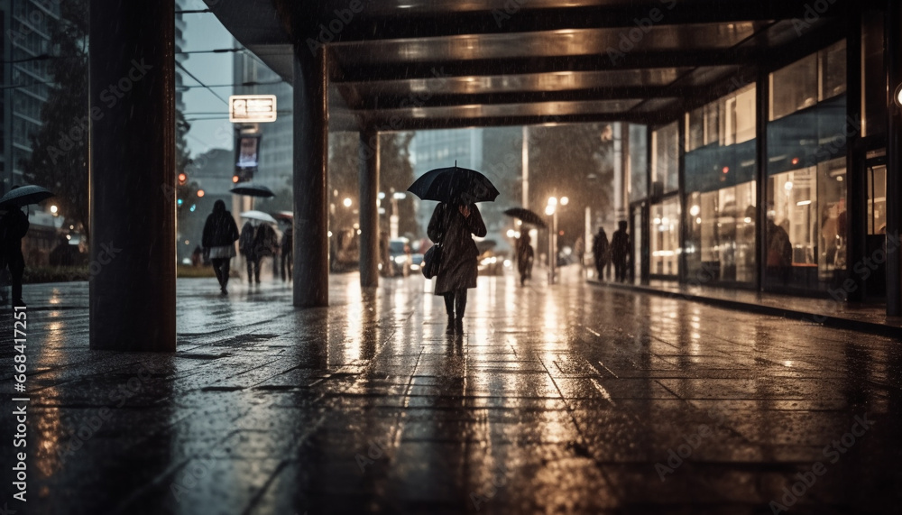 Walking in the rain, city life blurred motion illuminates generated by AI