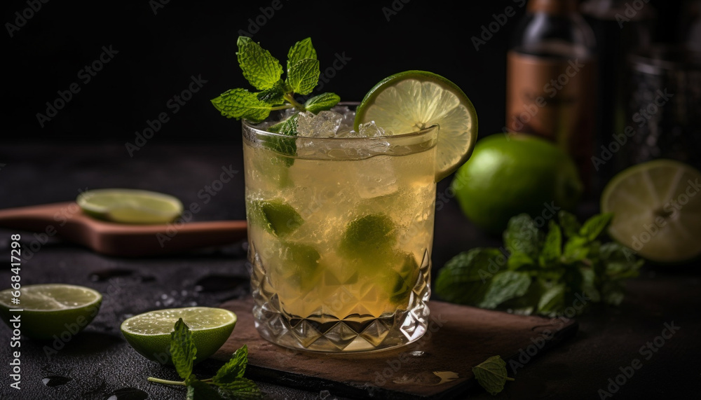 Refreshing summer mojito cocktail with citrus fruit and mint leaf generated by AI Refreshing summer mojito cocktail with citrus fruit and mint leaf generated by AI
