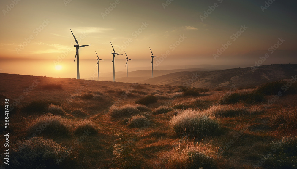 Obraz premium Wind turbines turning, generating sustainable power in rural mountain landscape generated by AI